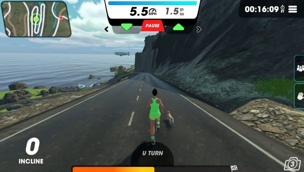 Female running avatar on Jogger's Canter route in Vingo going down a hill towards the water with a Vingo blimp.
