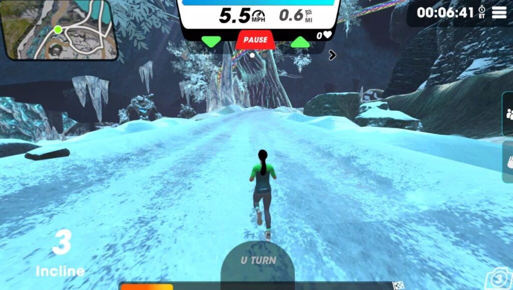 View of female avatar running on Life Tree Loop running towards an ice cave.