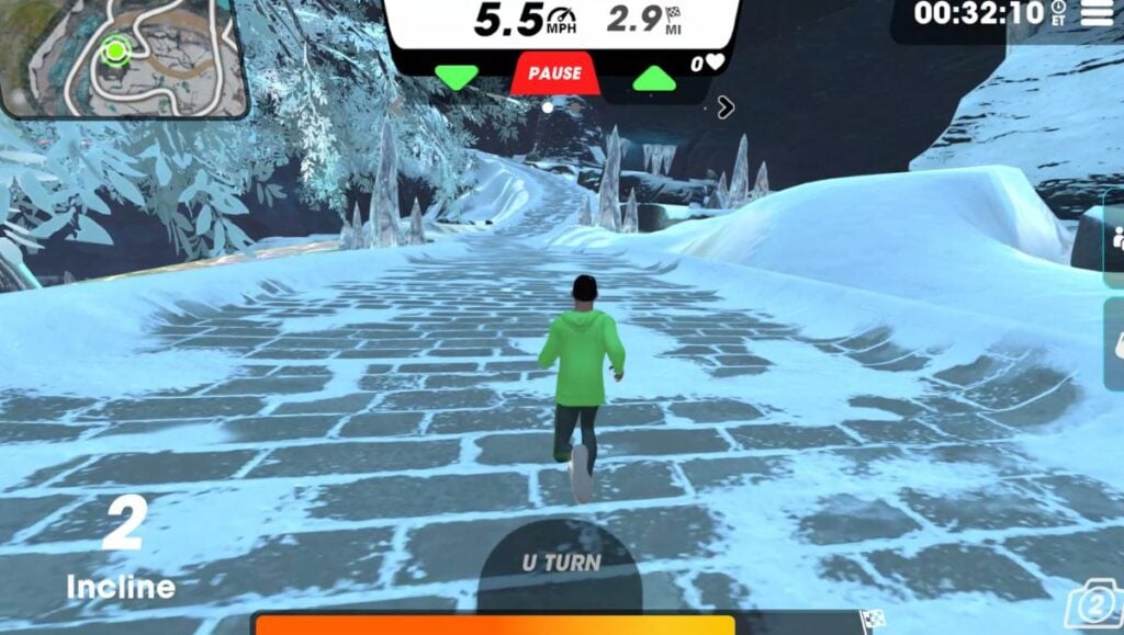 Running avatar in Vingo on the Frozen Sanctuary route on a brick runway. 