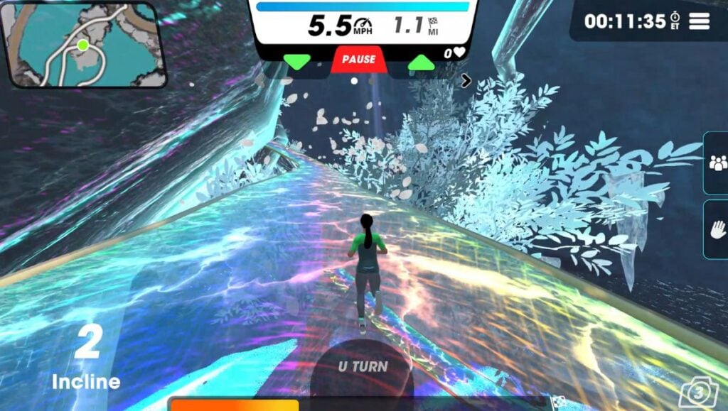 View of female avatar running on Life Tree Loop running on a rainbow bridge.