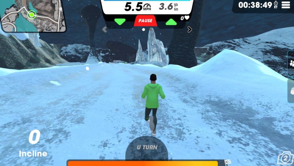 Running avatar in Vingo on the Frozen Sanctuary route on a snowy path. 