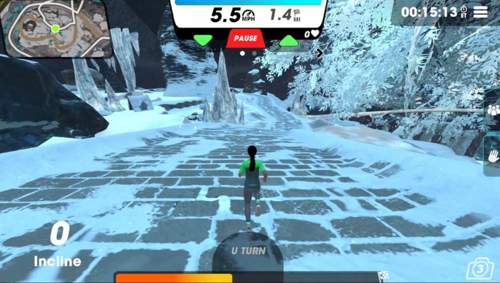 View of female avatar running on Life Tree Loop running towards snow monsters. 