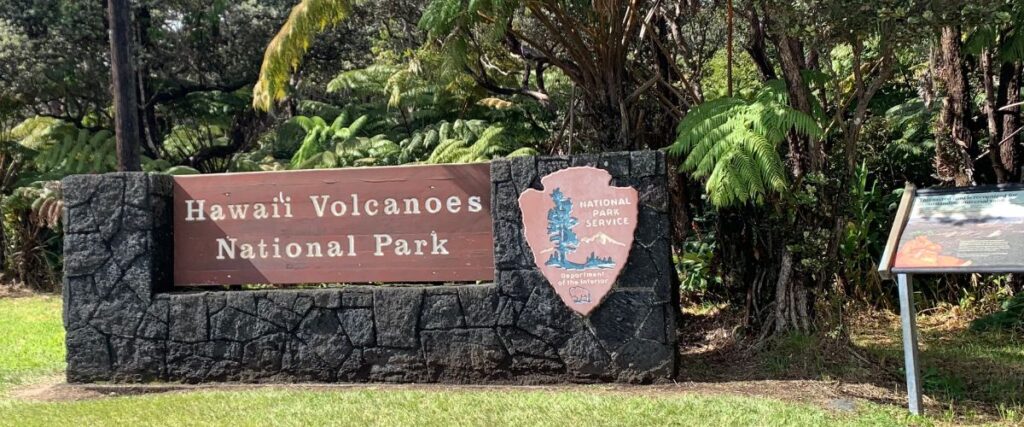 The welcome sign into the Hawaii Volcanoes National Park. 