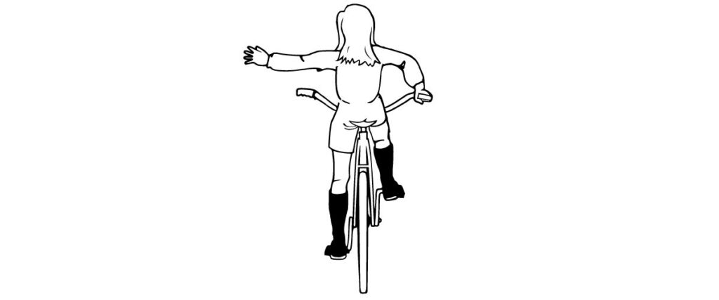 A female cycling graphic doing a left turn cycling hand signal. 