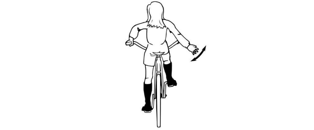 A female graphic cyclists doing a pass me hand signal. 