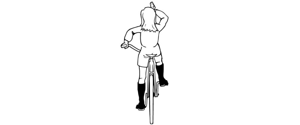 A female graphic cyclists doing a signal to move the group ride into a single file. 