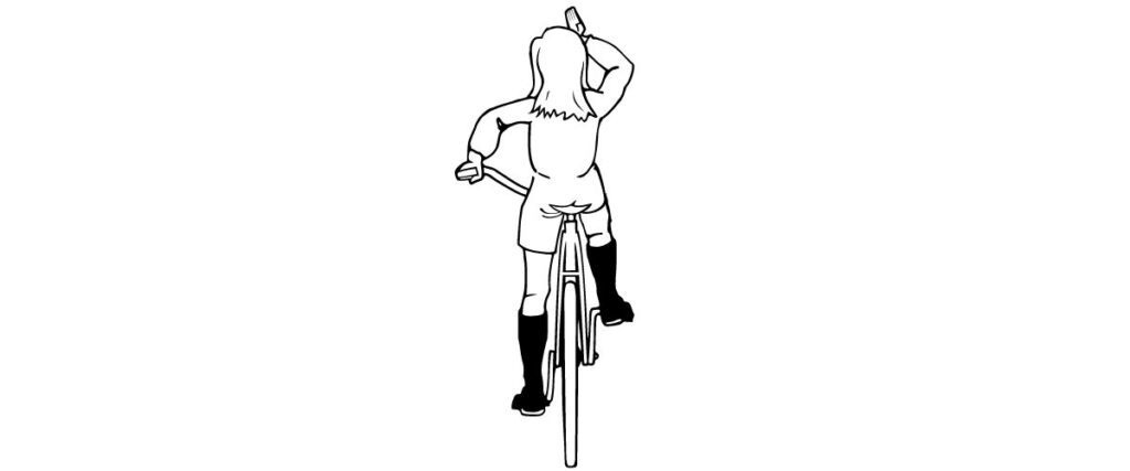 A female graphic cyclists doing a signal to move the group ride into a single file.