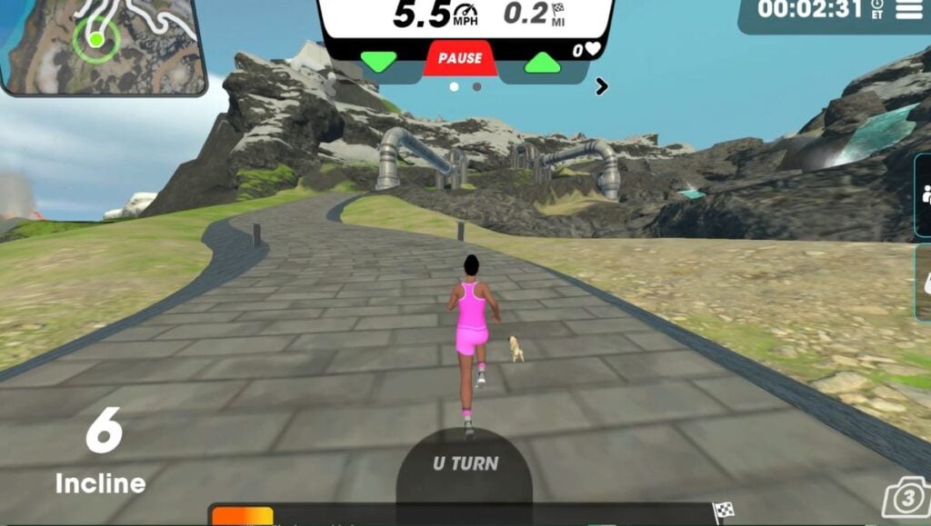 View 1 of female running avatar on Hillside Stride route running up a hill. 