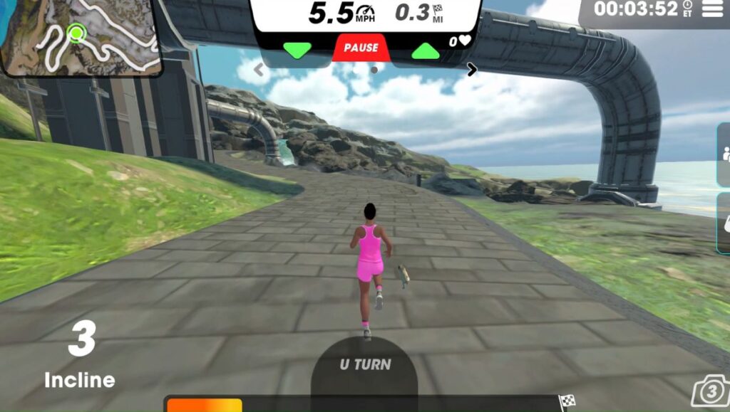View 3 of female running avatar on Hillside Stride route running under big water pipes. 