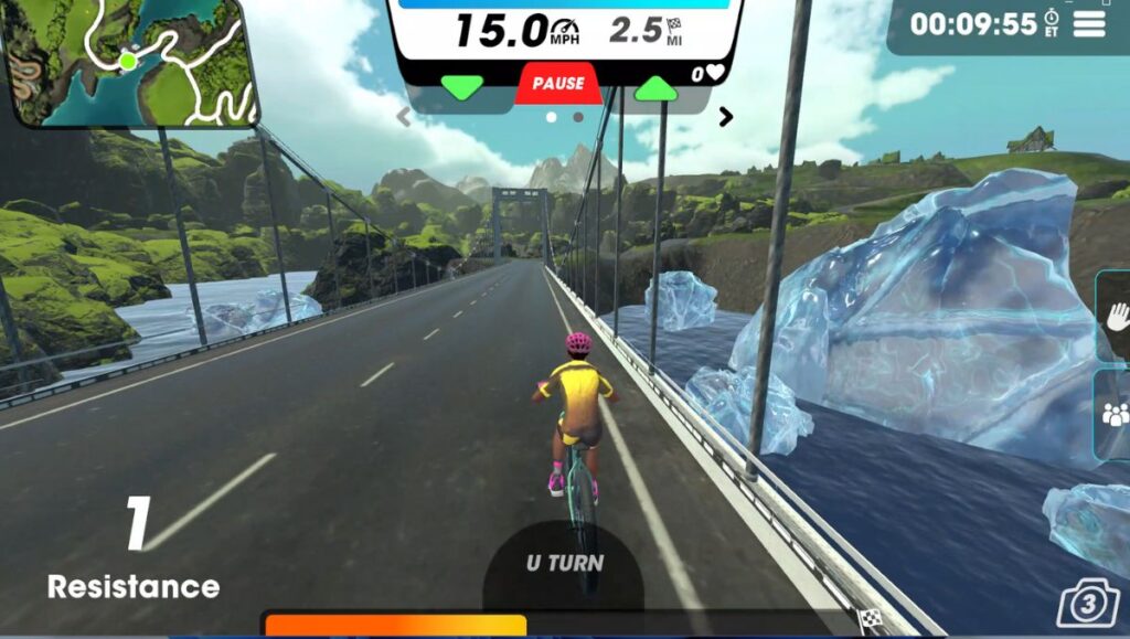 Male cyclists avatar on the Shoreline Haven route on a bridge going over water and large icebergs. 
