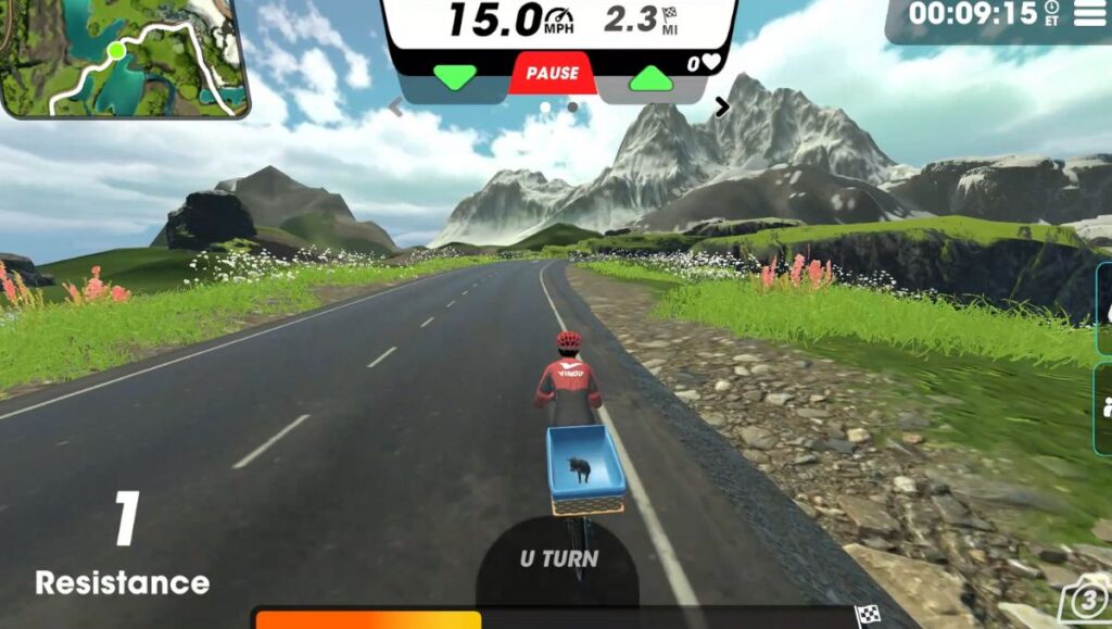 View of cycling avatar on Village Trailway, Iceland route in Vingo riding towards mountains. 