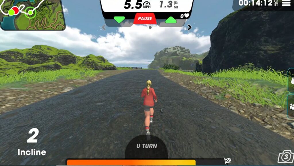 View of female avatar running on the Butte Cliffs route in Vingo running towards the sea. 