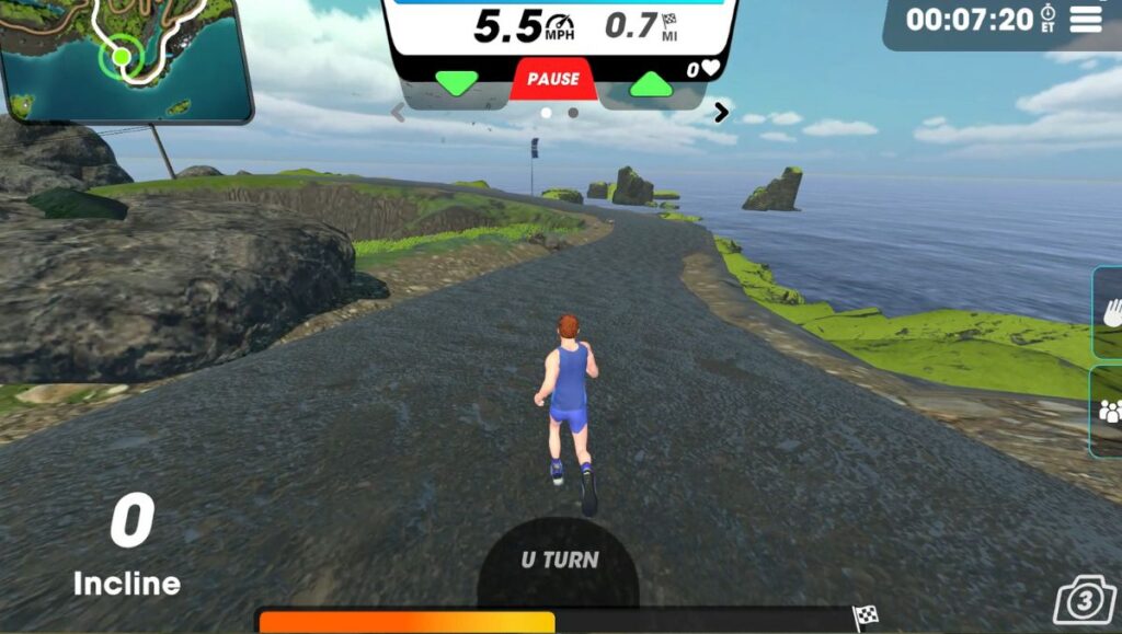 Male avatar running on Coastland Sweep running route in Vingo going down a hill towards the sea. 