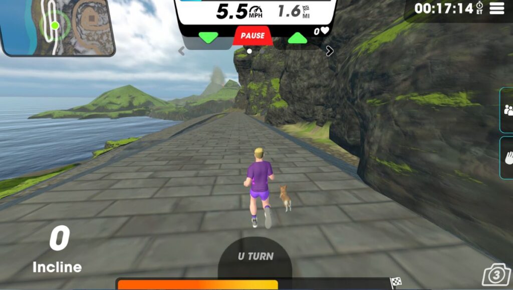 Male running avatar with dog running on Summit Roundabout going down towards the ocean with view of the mountains in the distance. 