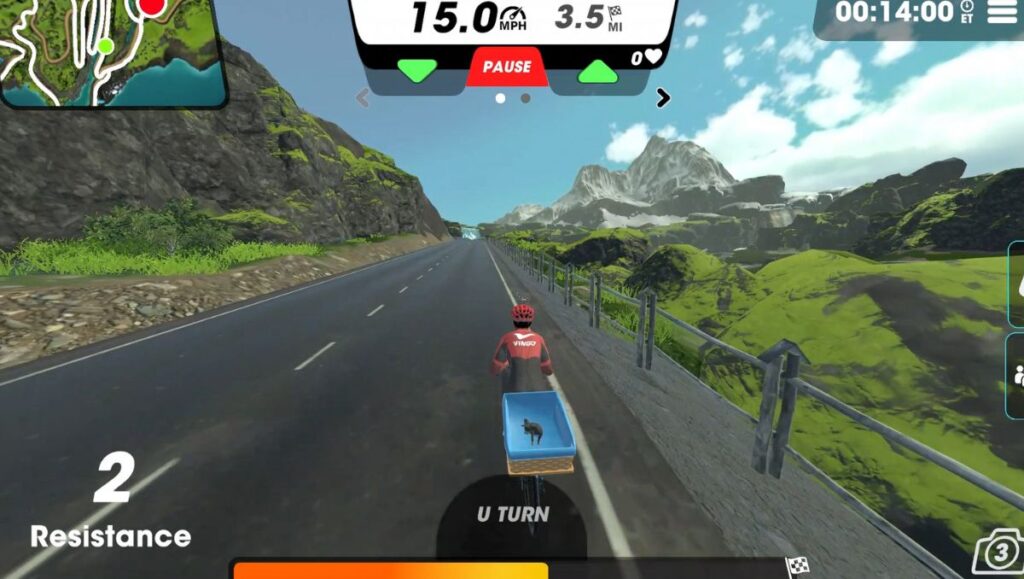 View of cycling avatar on Village Trailway, Iceland route in Vingo riding towards mountains on a bridge. 