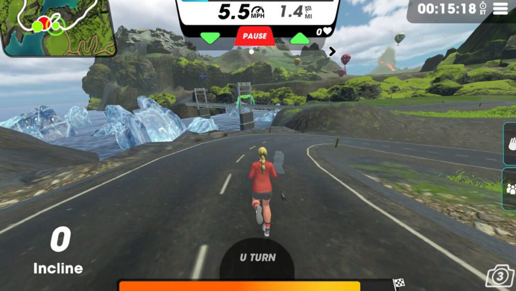 View of female avatar running on the Butte Cliffs route in Vingo running towards down the hill towards the end of the route. 