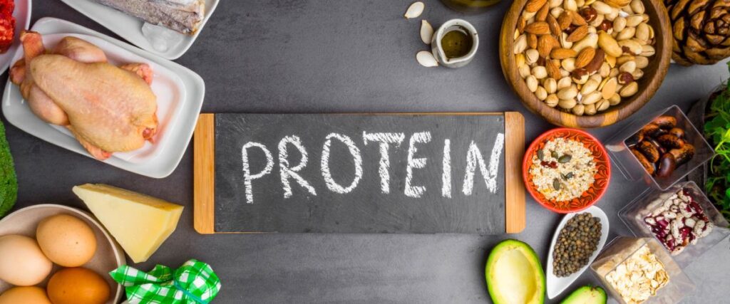 A sign with the word 'protein' on it with different types of protein around the sign like nuts, chicken, and rice.