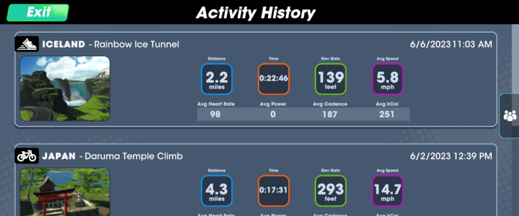 The activity history in Vingo with all of your workouts. 