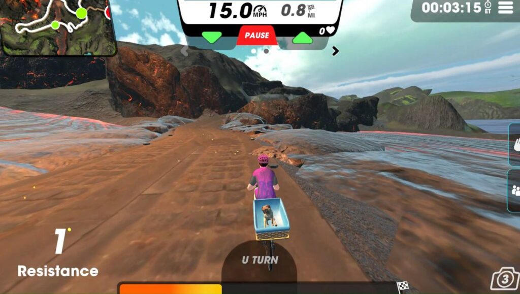 Vingo cycling avatar on the Molten Crazy 8 route in Iceland taking a turn towards a volcano. 
