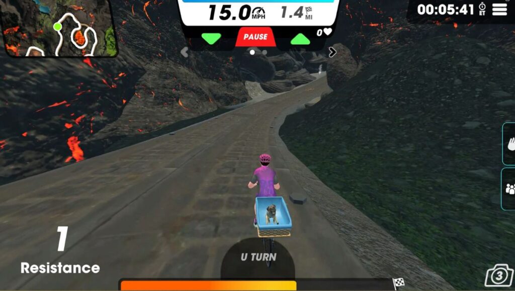 Vingo cycling avatar on the Molten Crazy 8 route in Iceland taking a turn in a volcano.