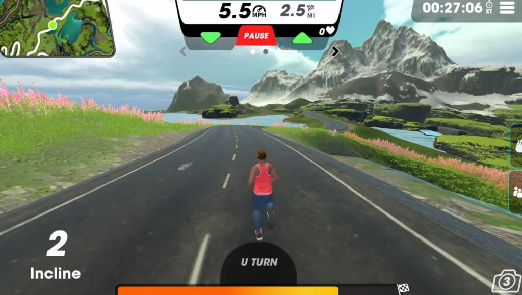 Runner avatar on the Sheephead Centre route in Vingo running on a road towards mountains. 