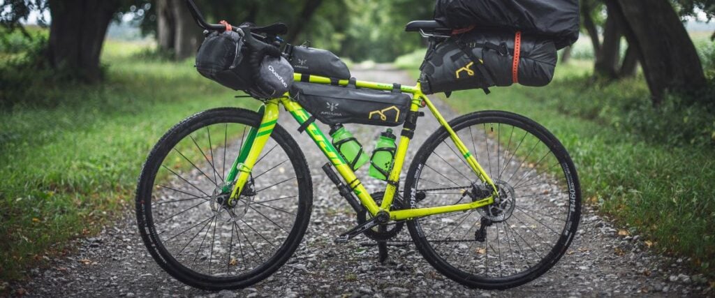 A bike is packed and prepared for a multi-day bike tour.