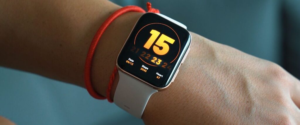 A smartwatch shows how many steps a person has taken that day,
