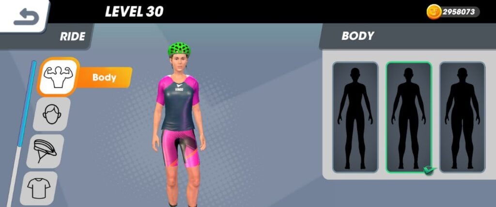 Female cycling avatar in Vingo, picking out her body shape in the Vingo lockerroom. 